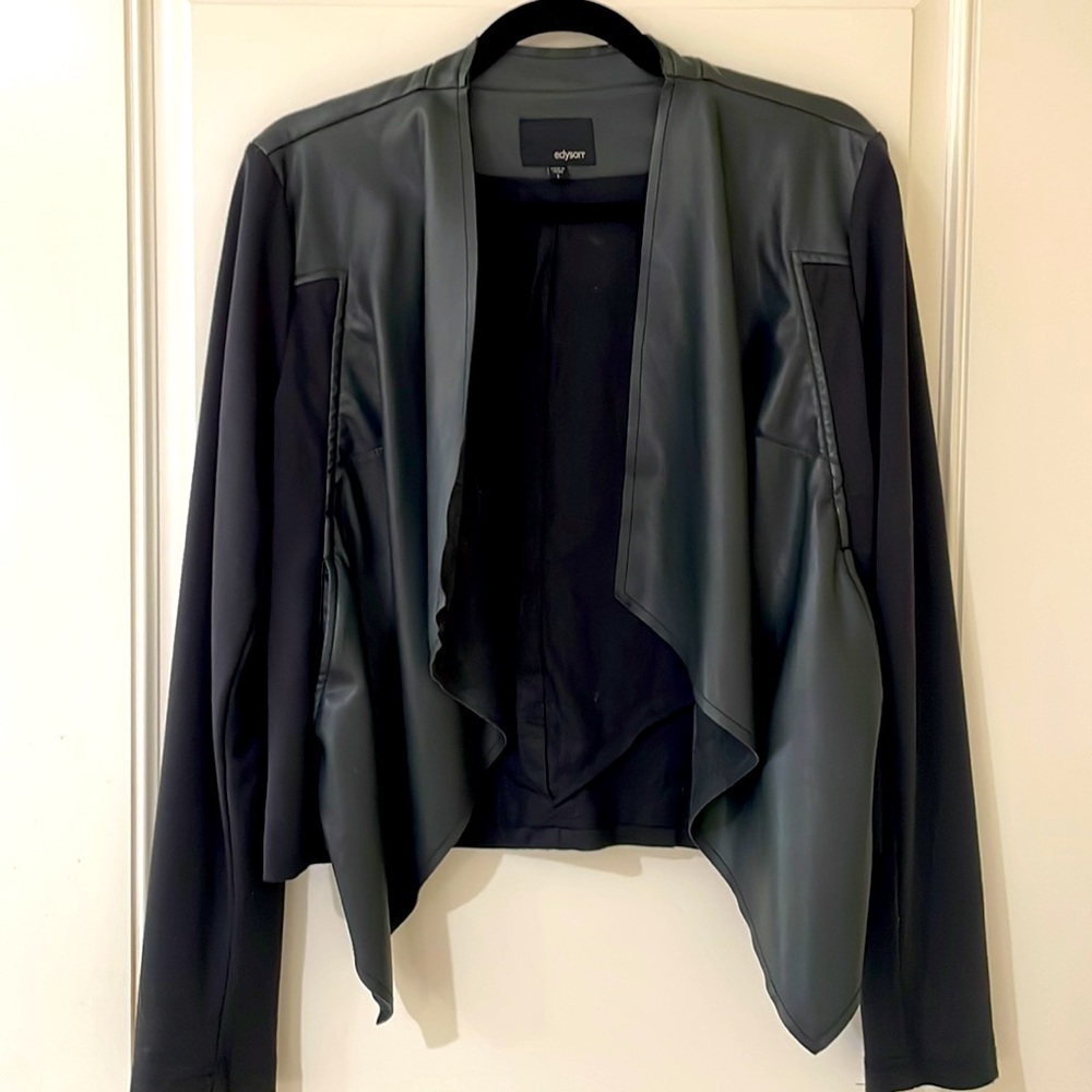 Never worn faux leather jacket with draping sides and button sleeves